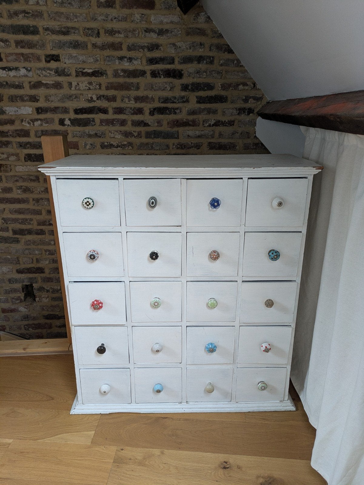 Vintage Apothekerskast met 20 Laden - Wit Hout, Huis en Inrichting, Ophalen, Gebruikt, 5 laden of meer, 100 tot 150 cm