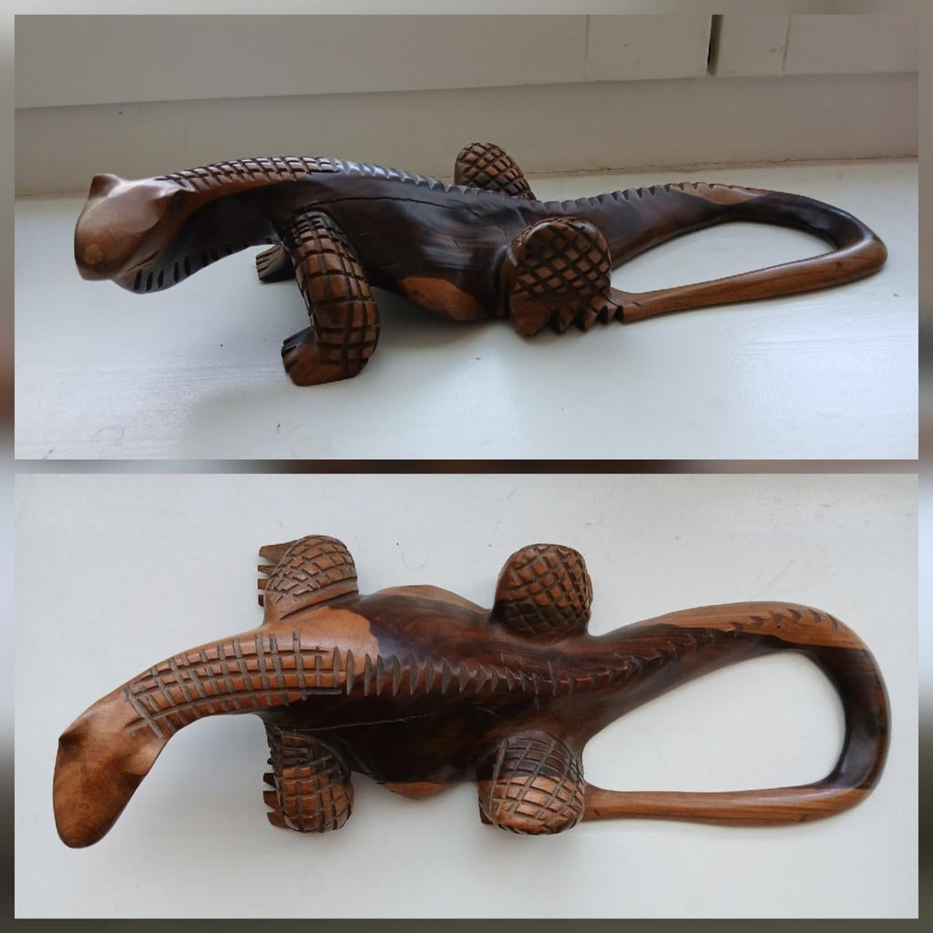 Reptiel beeld hout bruin - houten hagedis, Houtsnijwerk, Ophalen of Verzenden, 20 - 50 cm, Flora