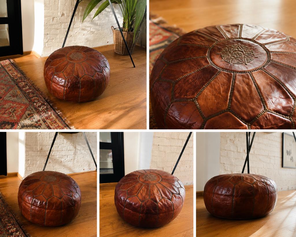2 Handgemaakte Marokkaanse Leren Poefen - Rond 50x35cm, Rond, Ophalen of Verzenden, Zo goed als nieuw, Marokaanse, Bohemian.