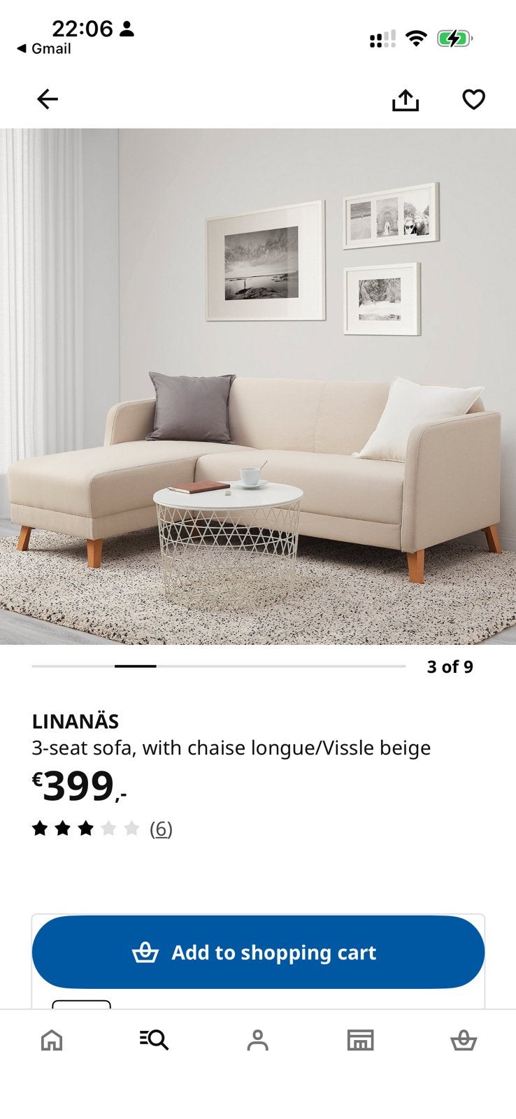 IKEA LINANÄS 3-zitsbank met chaise longue, Ophalen, Gebruikt, Beige, Tweepersoons
