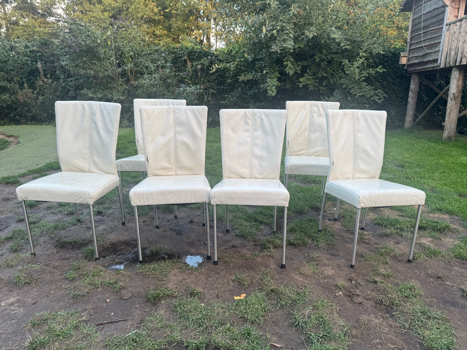 Montèl Spica look-alike stoelen, gebruikt met slijtage, Huis en Inrichting, Ophalen, Gebruikt, Wit, Metaal