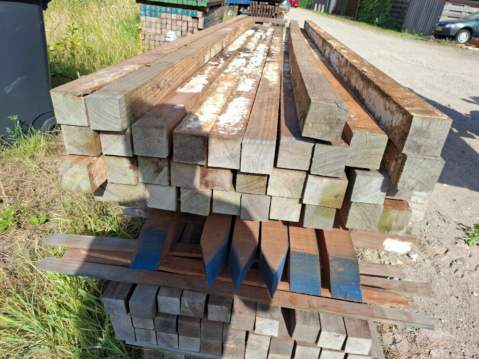 partij 34 st hardhout palen balken 7x7x 350 cm bezorgen, Tuin en Terras, Palen, Balken en Planken, Ophalen, Nieuw, Hardhout, 250 cm of meer