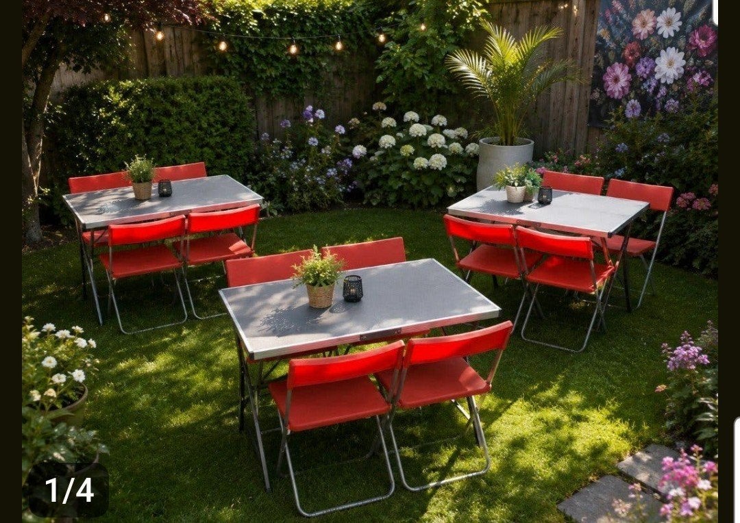 Te huur! 10 klapstoelen en 3 tafels, Ophalen, Zo goed als nieuw, Geboorte of Huwelijk