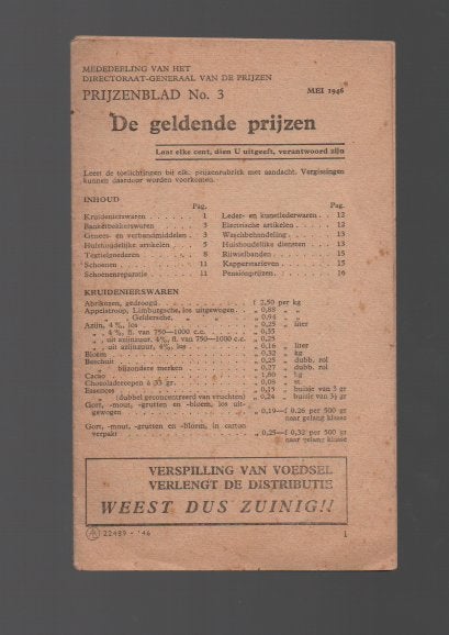 Folder Mei 1946 Prijzenblad N 3 Directoraat Generaal prijzen, Ophalen of Verzenden, Gelezen, Onbekend