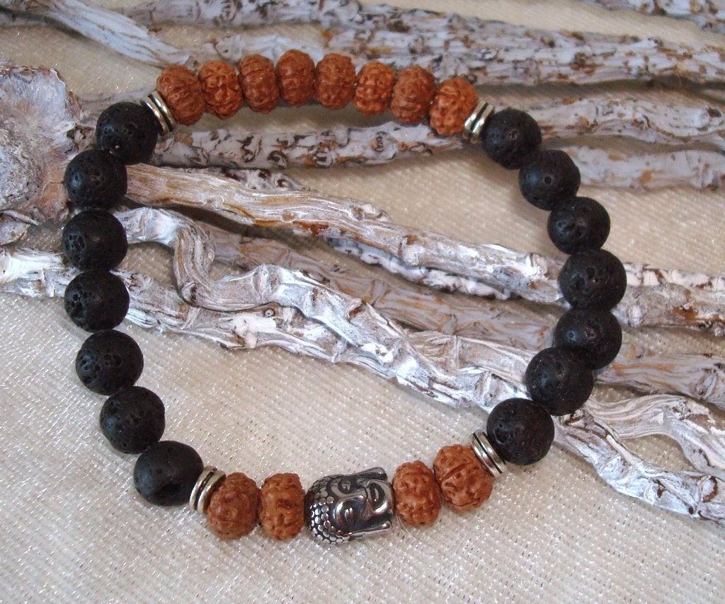 Armband van lava, Rudraksha kralen en hematiet Boeddha, Info.adorabeads@gmail.com, Overige materialen, Adorabeads, Nieuw