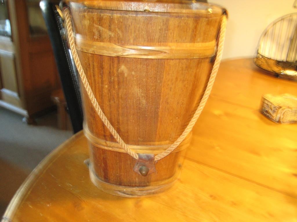paraplu bak antiek, hout touw leer koper 10,=, Ophalen, Gebruikt, Hout