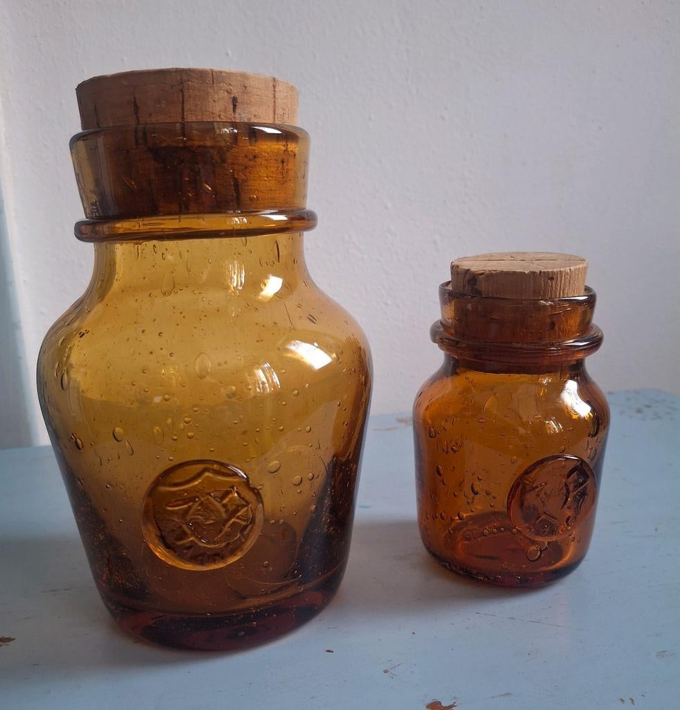 Set amber Biot style jaren 70 glazen potten bubbeleffect, Ophalen of Verzenden