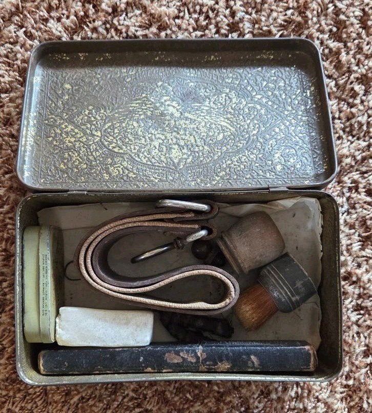 retro vintage scheerset scheermes in blik!, Antiek en Kunst, Ophalen of Verzenden