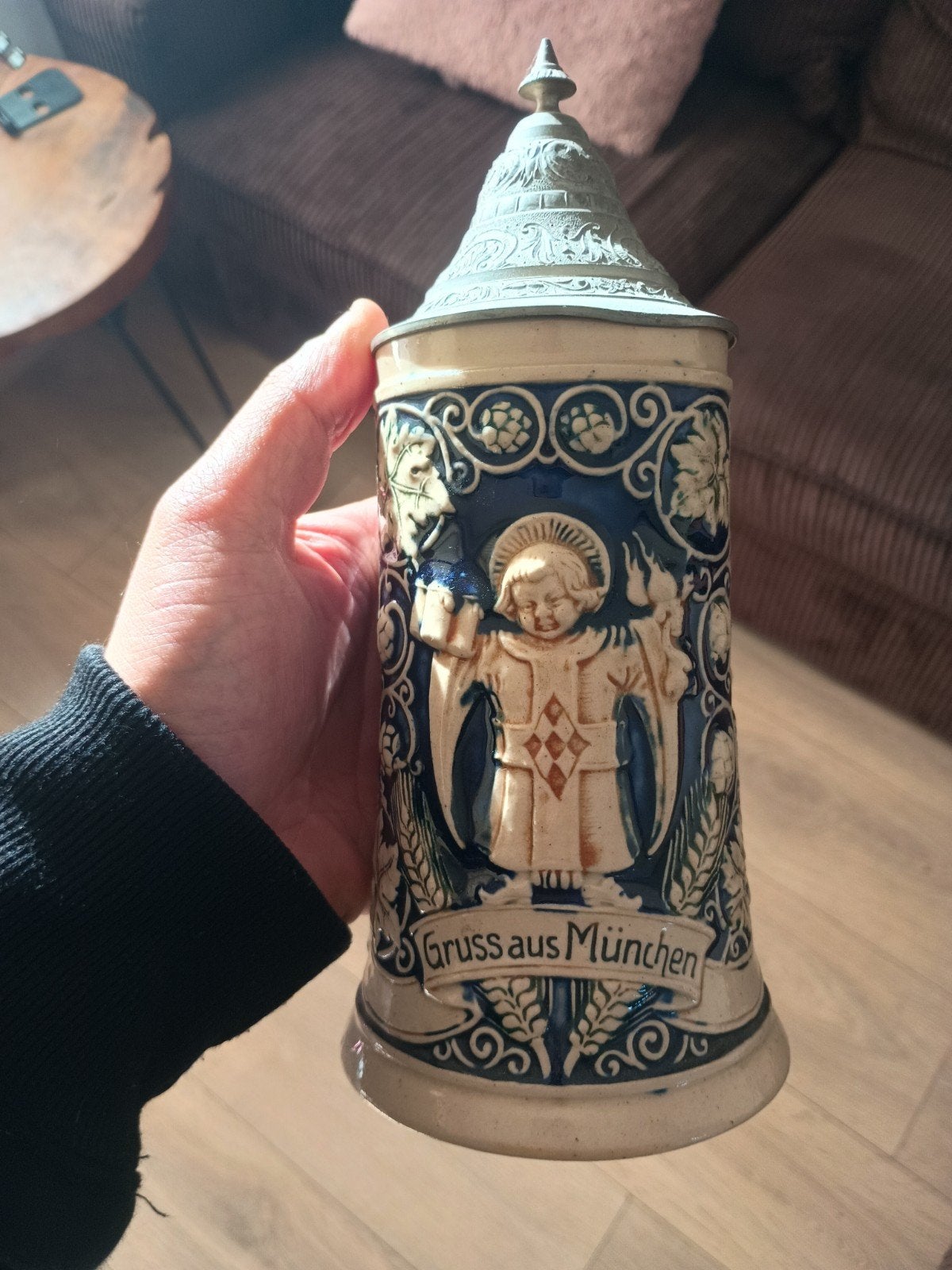 Antieke Duitse Bierpul met Tinnen Deksel - Groot Formaat, Antiek en Kunst, Ophalen of Verzenden