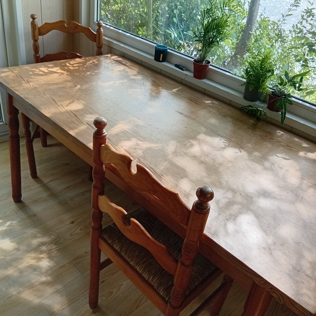 Oud grenen eettafel voor 6 personen incl 2 stoelen, Huis en Inrichting, Ophalen, Gebruikt, 50 tot 100 cm, Vijf personen of meer