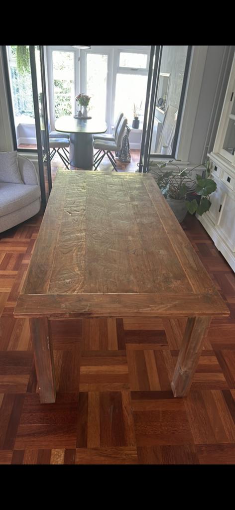 Teak houten tafel 220 x 100 indonesie, Ophalen, Gebruikt, Teakhout, 200 cm of meer