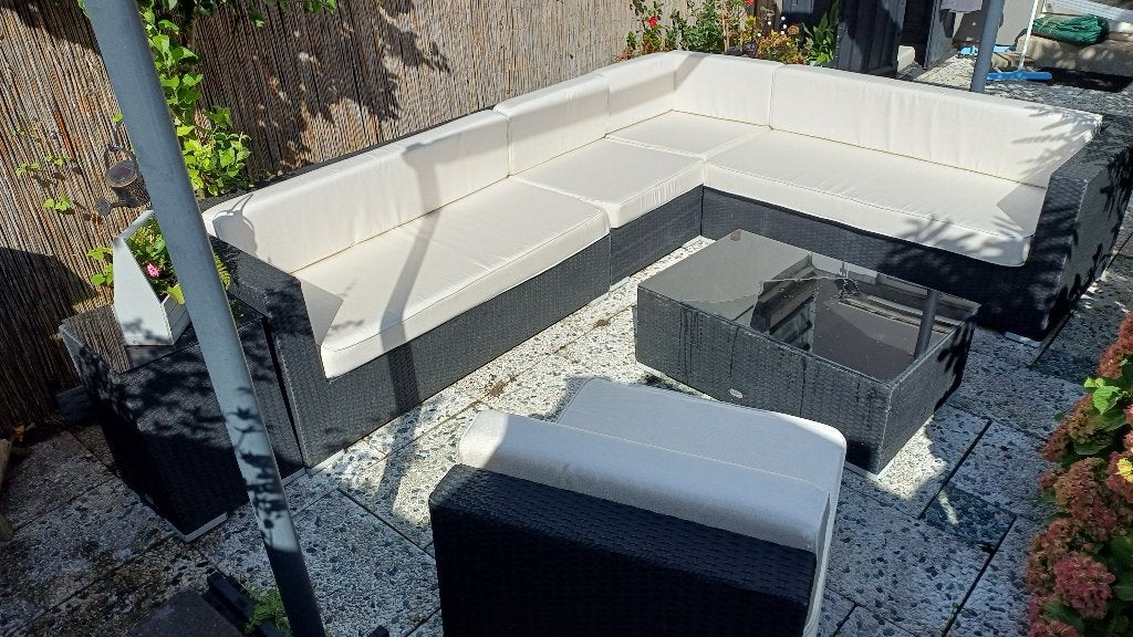 Tuin loungshoekbank met tafel met glasplaat, Tuin en Terras, Tuintafels, Ophalen, Gebruikt, Rechthoekig, Wicker