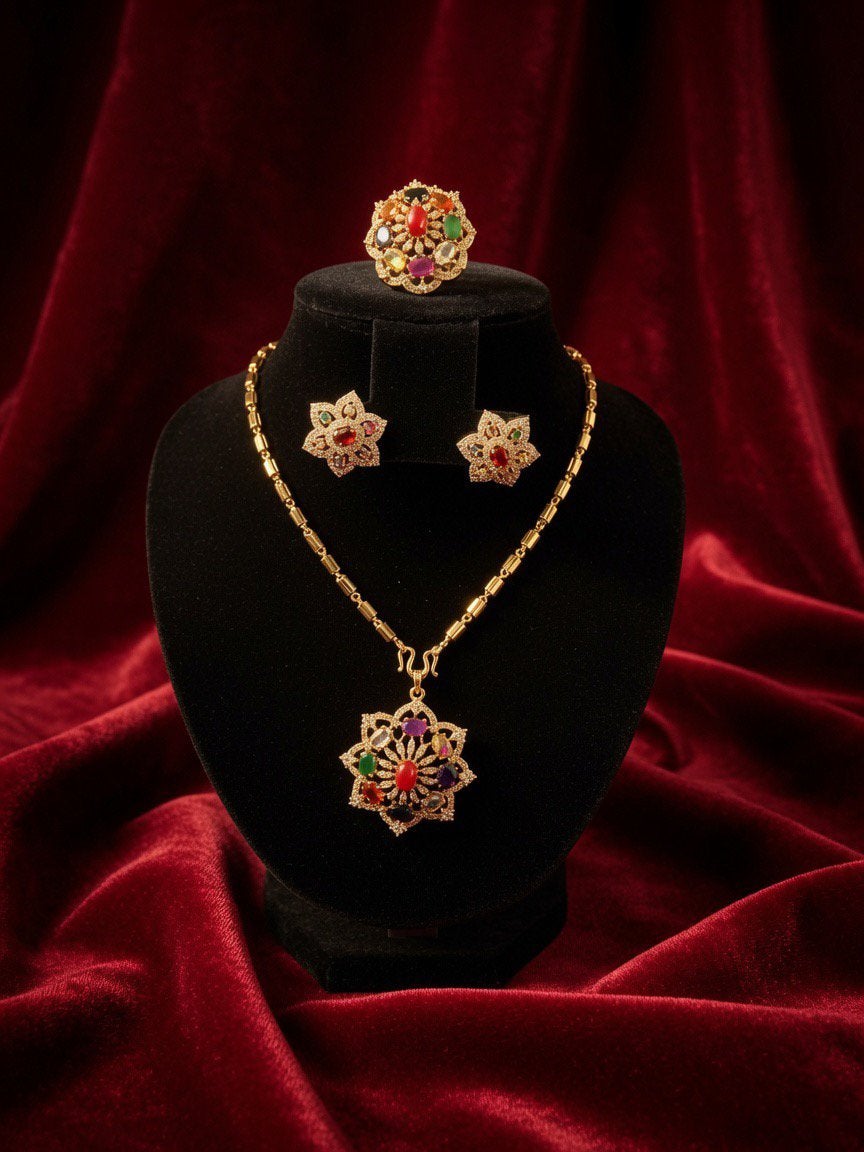 24k Vergulde Ketting Set met Meerkleurige Stenen, Overige materialen, Nieuw, Ophalen of Verzenden, Met edelsteen