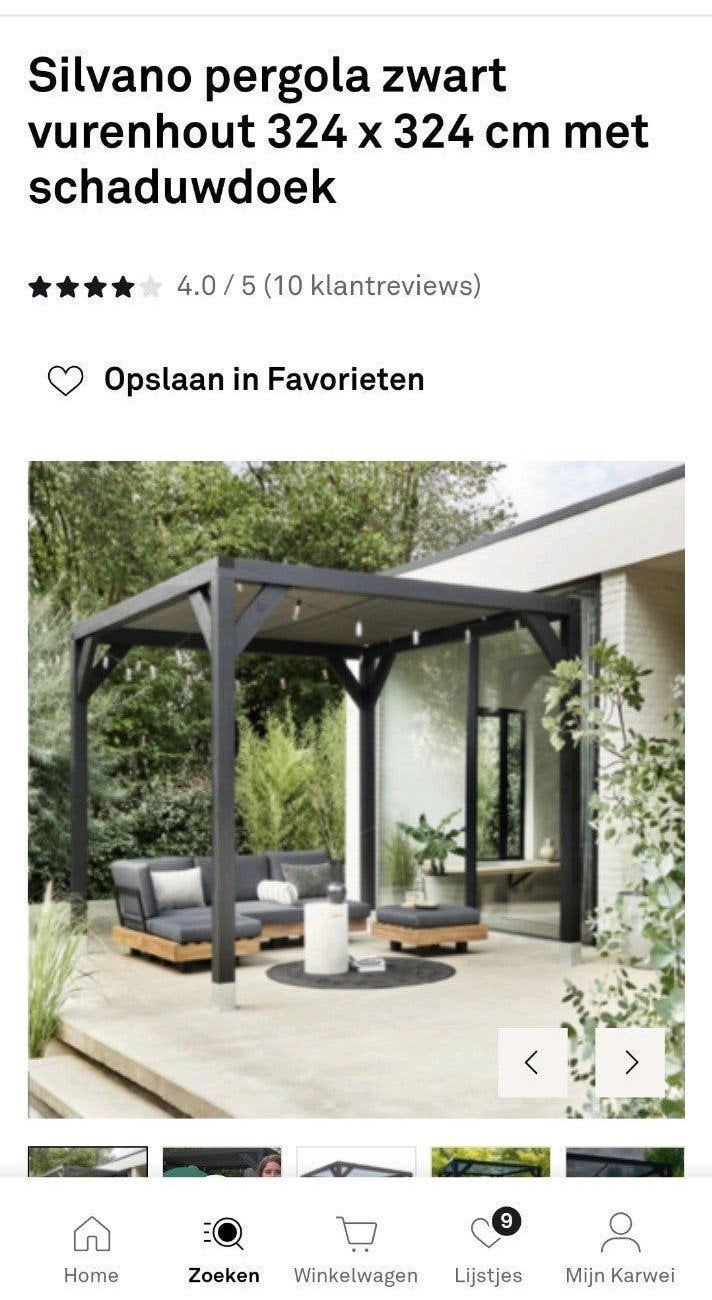 Silvano pergola zwart vurenhout 324x324 cm met schaduwdoek, Ophalen, Gebruikt