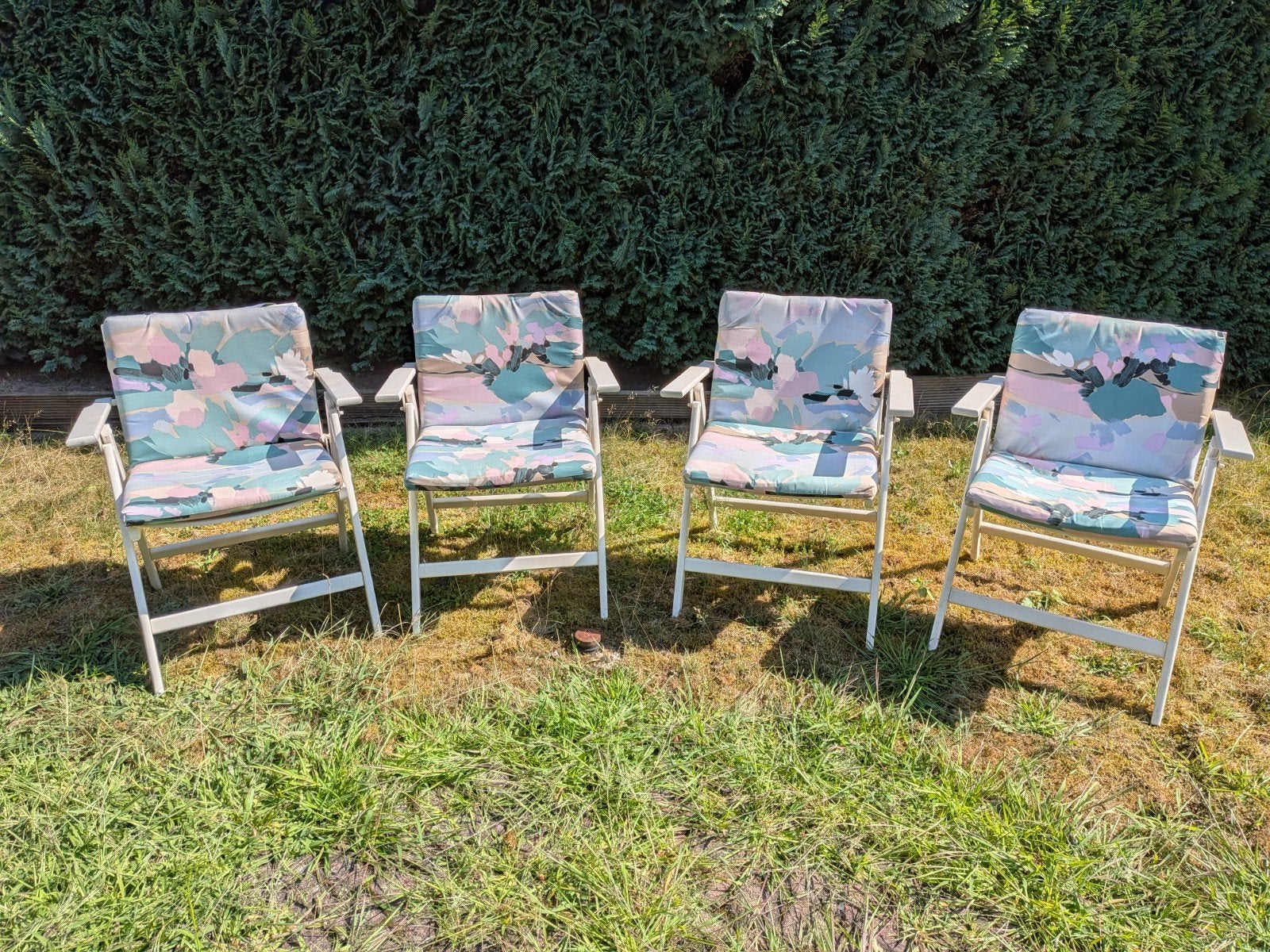 Vier tuinstoelen van Bemico Enschede met kussens, Tuin en Terras, Ophalen, Gebruikt, Hout, Inklapbaar
