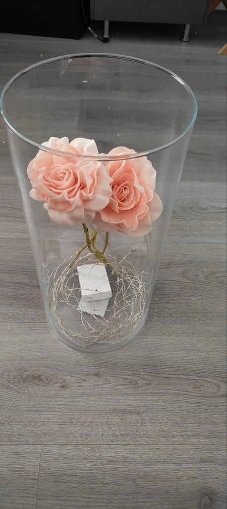 Glazen vaas met roze bloemen en lichtjes, Ophalen, Overige kleuren, Glas, Minder dan 50 cm