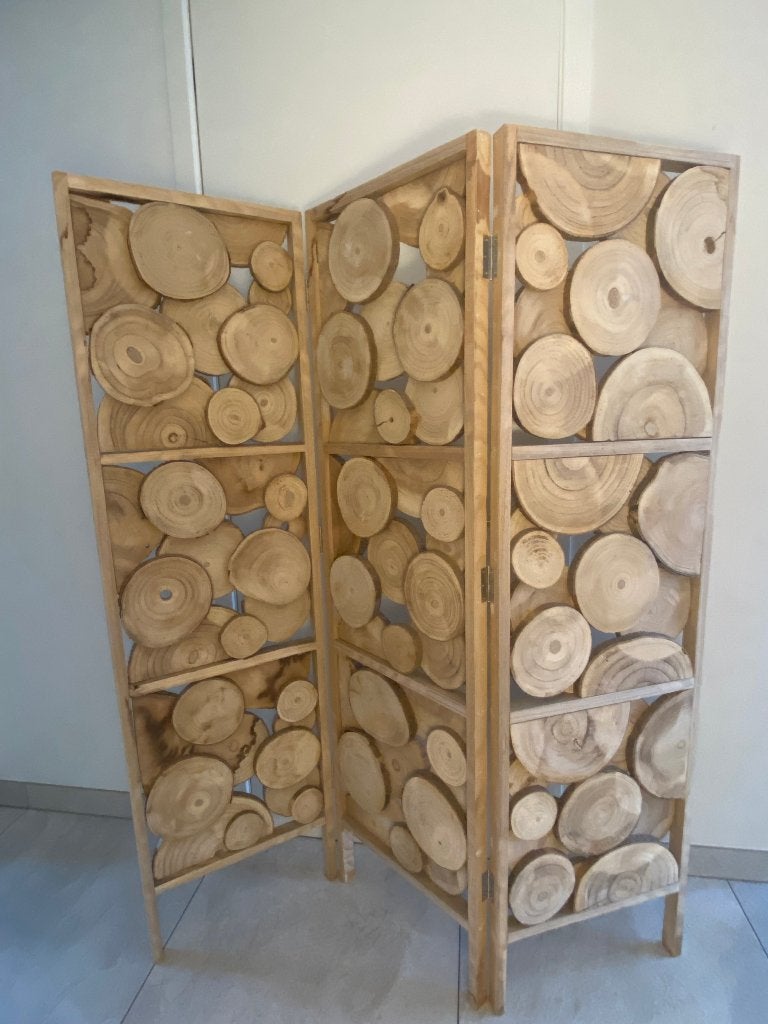 Uniek houten kamerschot met boomstamschijven, Huis en Inrichting, Ophalen, Zo goed als nieuw