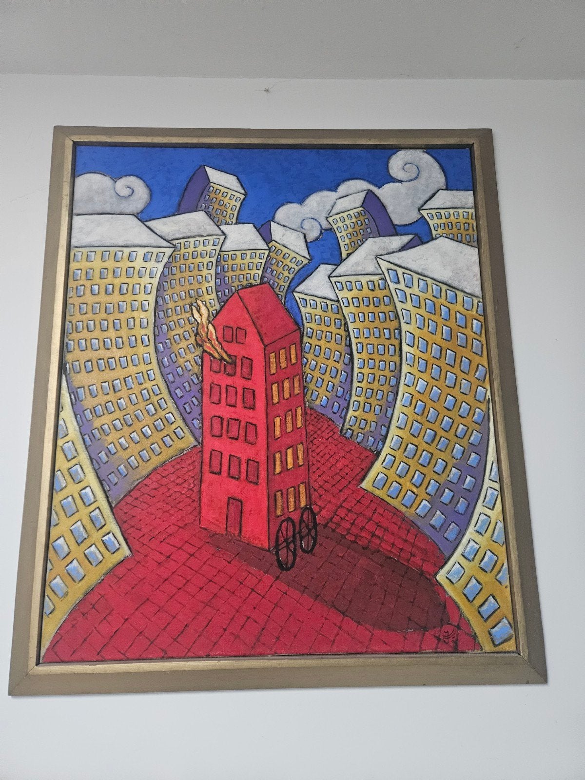 Jacques Tange - Kleurrijk Stadsgezicht met Rood Gebouw, Ophalen of Verzenden