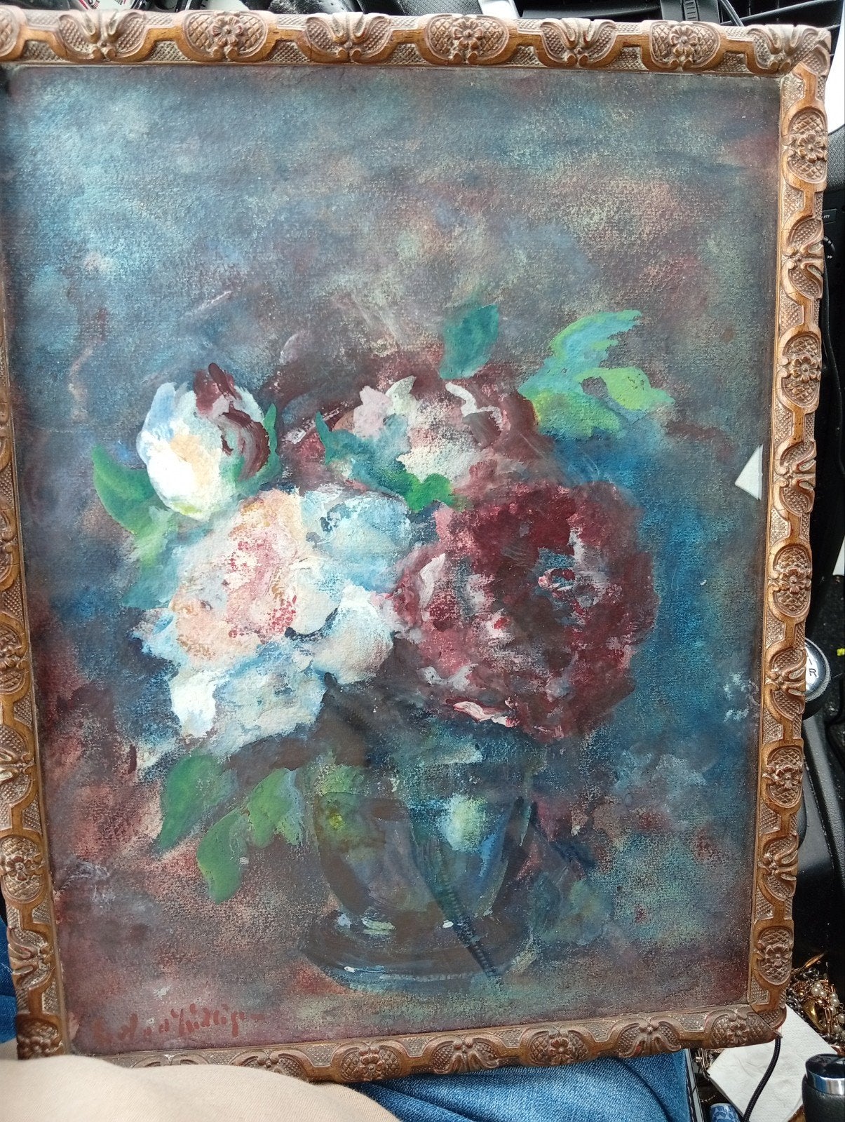Bloemstilleven in lijst - Gesigneerd Chrisje v willigem, Paneel, Expressionistisch, Stilleven, Ophalen of Verzenden