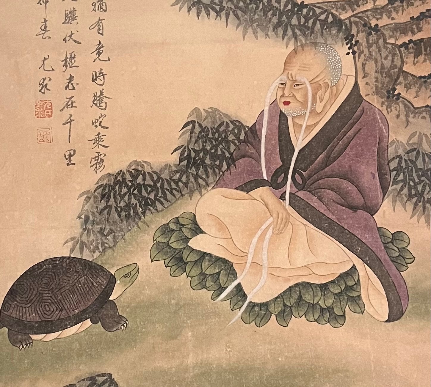 Oud Chinees schilderij: Monnik met schildpad, Schilderij, Ophalen of Verzenden, Papier/karton, China