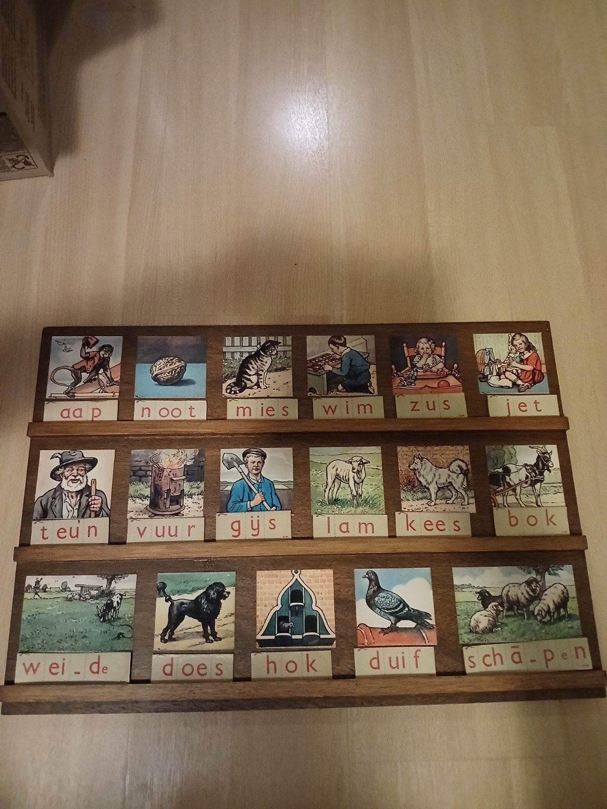 Vintage Houten Letterblokken Rek met Afbeeldingen, Ophalen, Gebruikt