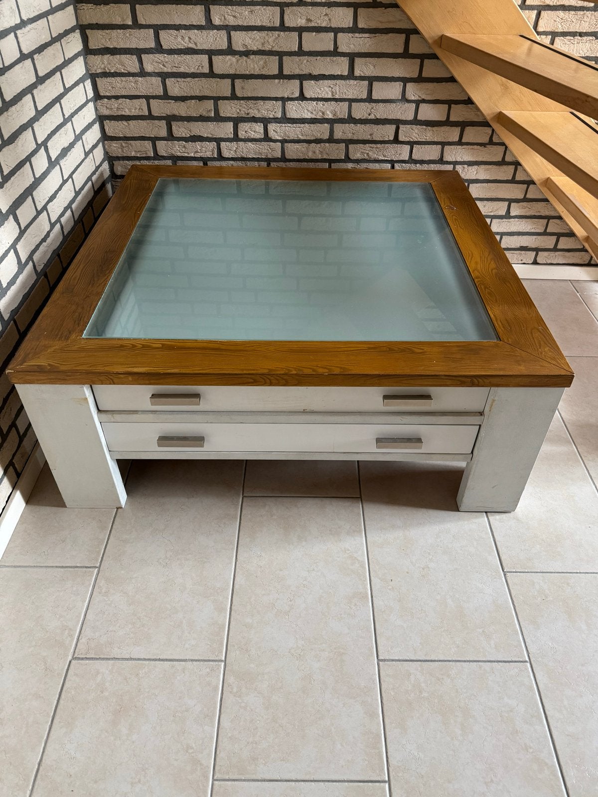 Salontafel met glazen blad en lades, Ophalen, Gebruikt, 50 tot 100 cm, Vierkant