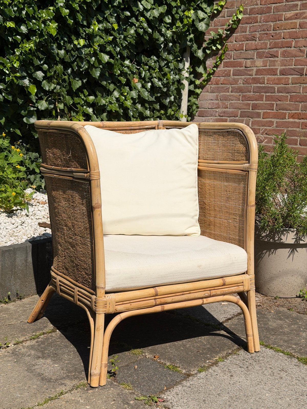 Stijlvolle Rotan Fauteuil met Kussens - Natuurlijke Look, Ophalen, Gebruikt, Minder dan 75 cm, Riet of Rotan