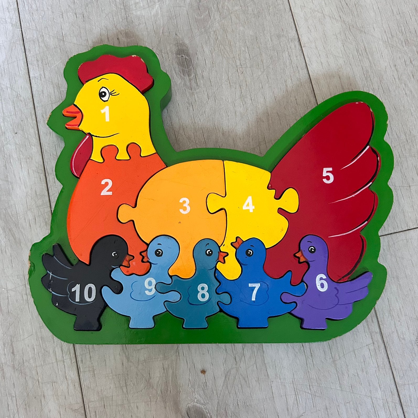 Vintage Houten Cijferpuzzel Kip met Kuikens (1 t/m 10), Kinderen en Baby's, 2 tot 4 jaar, 10 tot 50 stukjes, Ophalen of Verzenden