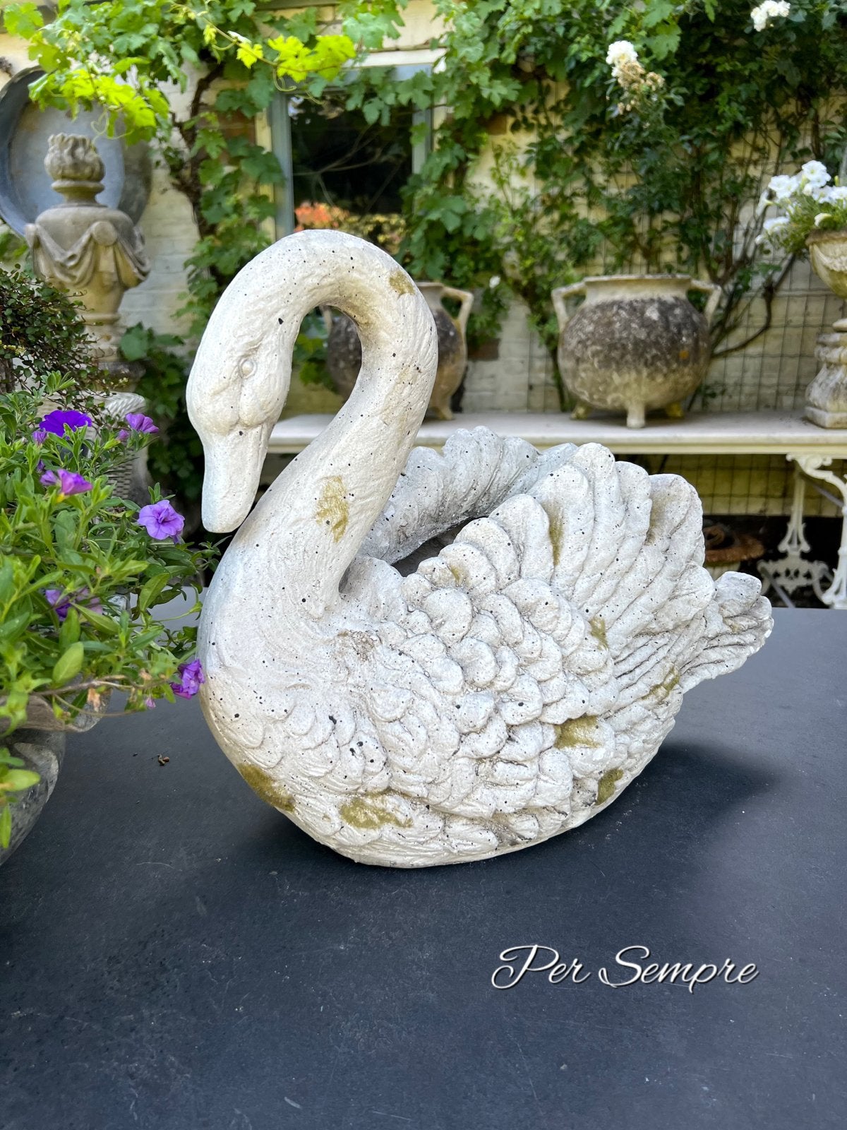 Per Sempre, Prachtige Oude Polystone Zwaan voor tuin, Ophalen of Verzenden