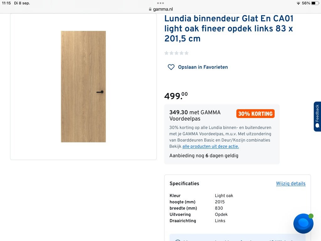 Binnendeur, nieuw, Lundia, Oak fineer. Stomp links draaiend, Doe-het-zelf en Verbouw, Ophalen, 80 tot 100 cm, Binnendeur, Nieuw
