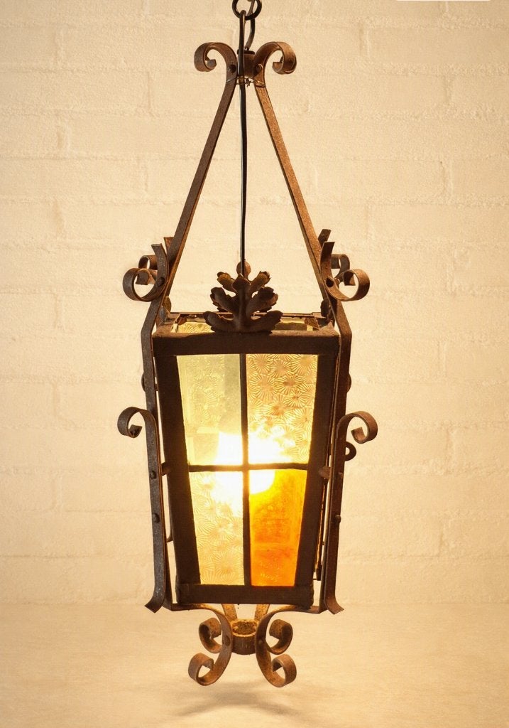 Antieke Franse Art Deco lantaarn/hanglamp ,glas in lood., Ophalen of Verzenden