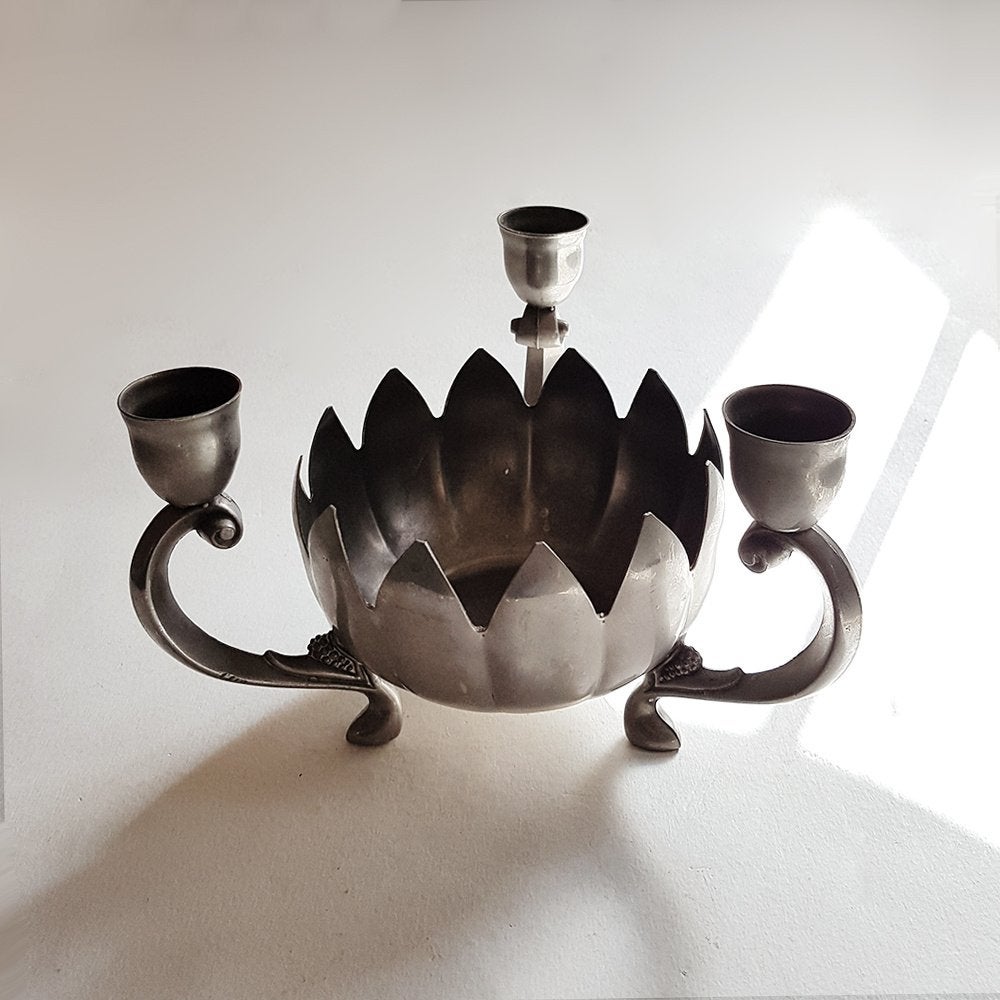 Vintage verzilverde kandelaar met lotusbloem kom, Gebruikt, -, -, Ophalen of Verzenden