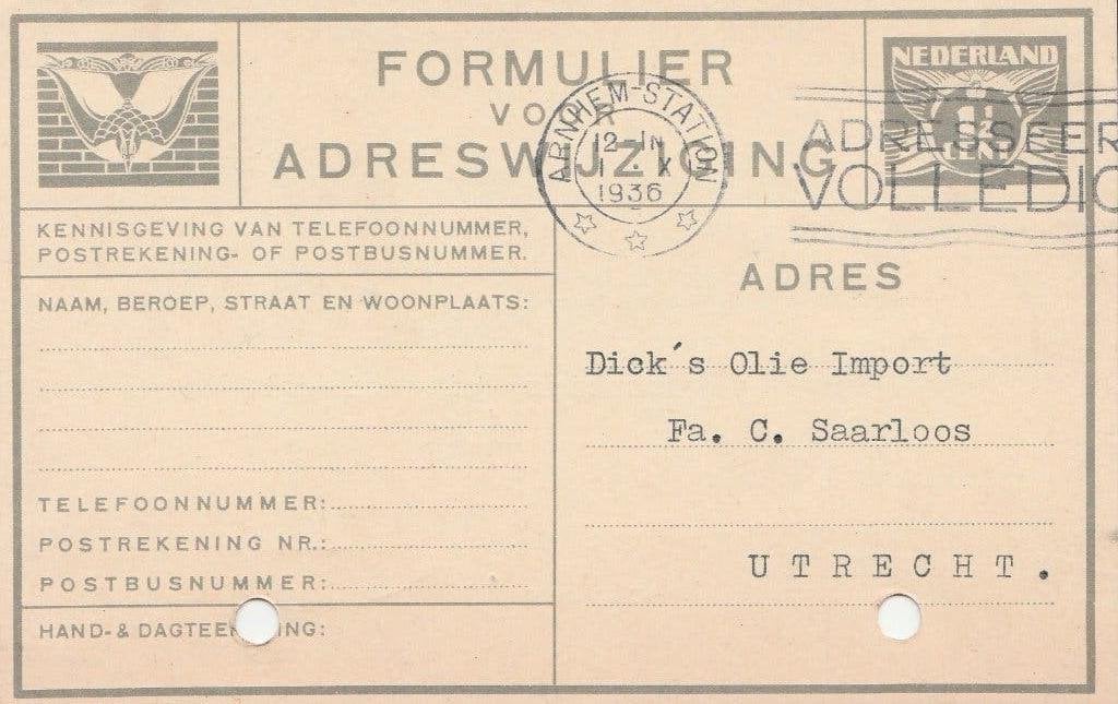 DOORN 1936 adreswijziging Willem Smit van Kampweg nr ARNHEM, Ophalen of Verzenden, 1920 tot 1940, Gelopen, Utrecht
