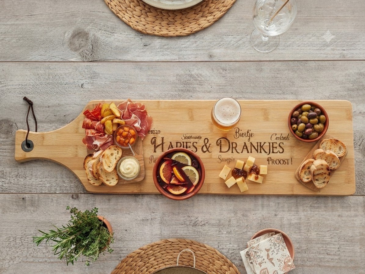 Lange tapasplank met gravering 'Hapjes & Drankjes', Huis en Inrichting, Hout, Beige, Overige stijlen, Nieuw