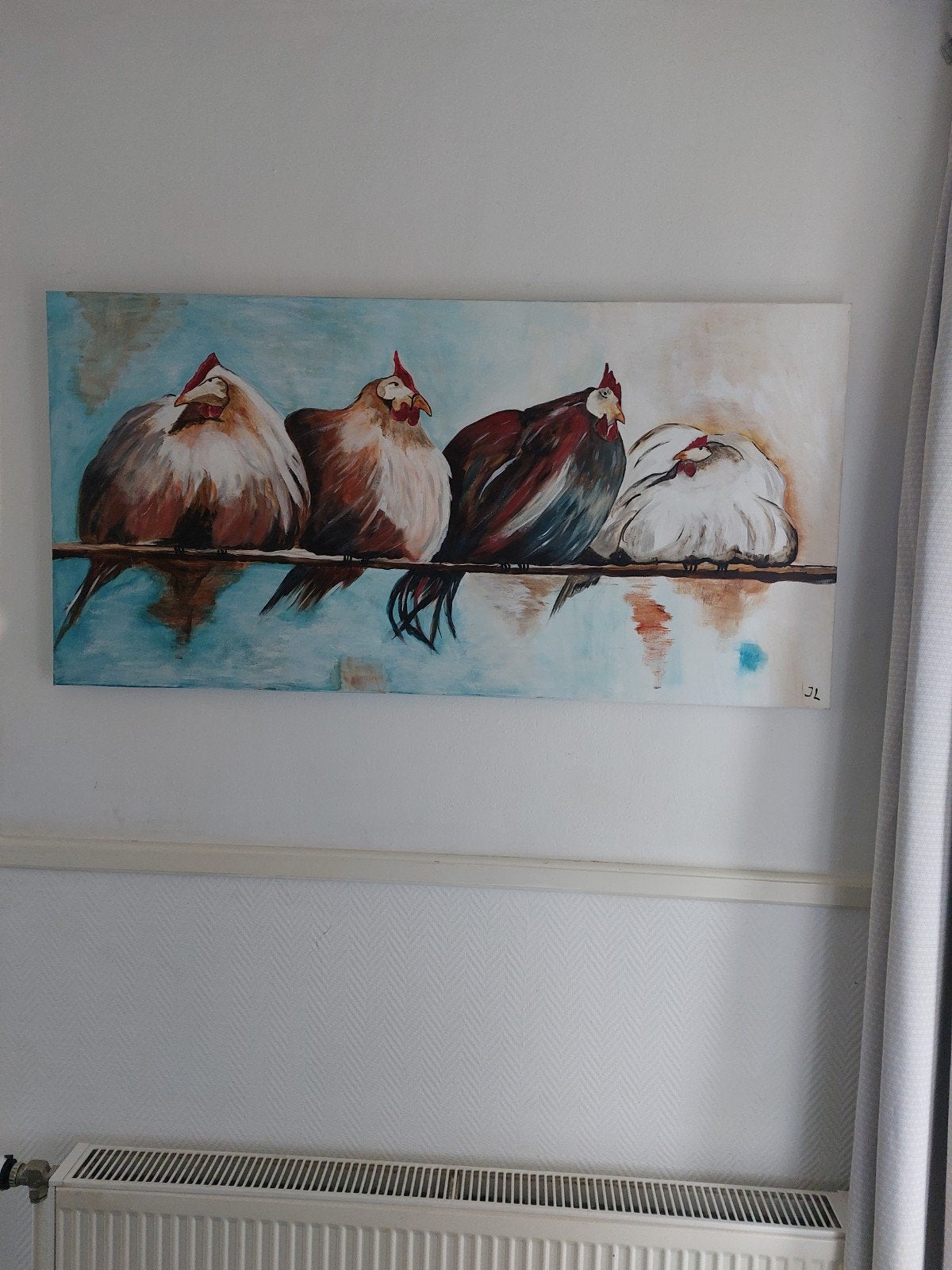 canvas schilderij. kippen op stok, Ophalen of Verzenden