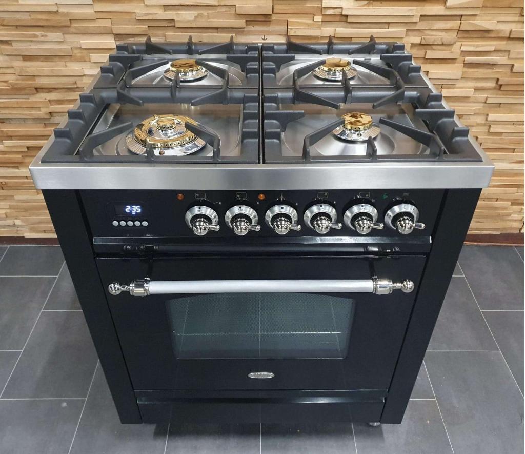 🔥Luxe Boretti Fornuis 70cm hoogglans zwart + rvs 300° oven, Witgoed en Apparatuur, Fornuizen, Zo goed als nieuw, Vrijstaand, Gas