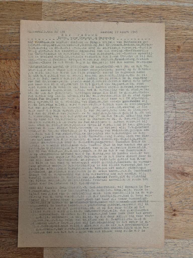 Wo2 illegale pers verzetskrant Het Parool, 19 maart 1945, Ophalen of Verzenden, Nederland, Boek of Tijdschrift