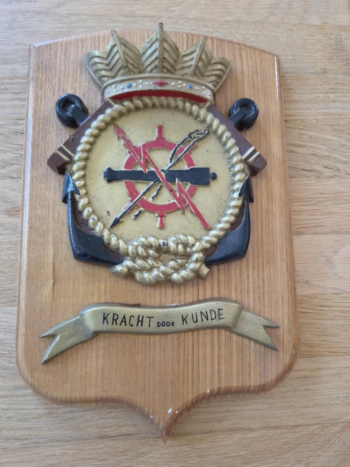Vintage Marine Wandbord 'Kracht door Kunde' - Houten Plaquet, Ophalen of Verzenden