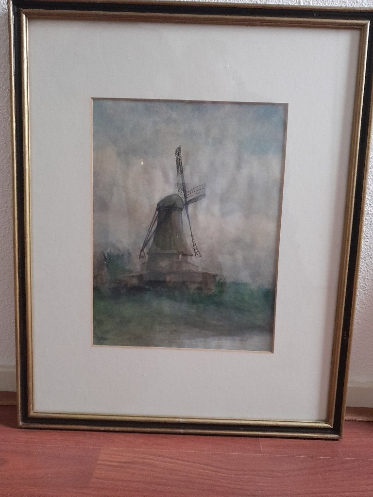 Molen. Aquarel, gemengde techniek, Ophalen, 50 – 75, Minder dan 50 cm, Gebruikt