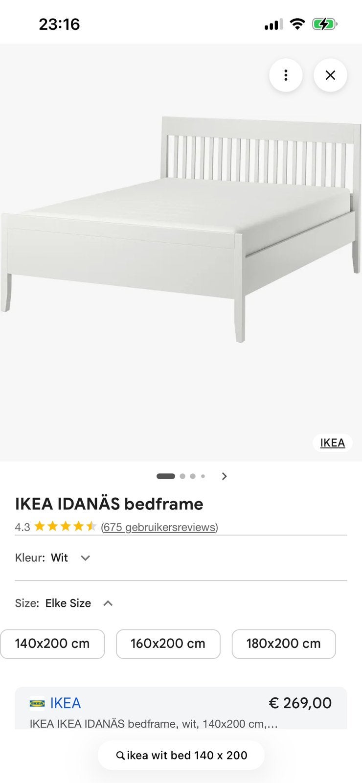 Ikea Idanas bed 140x200 cm incl matras, Ophalen, Gebruikt, Wit, Tweepersoons
