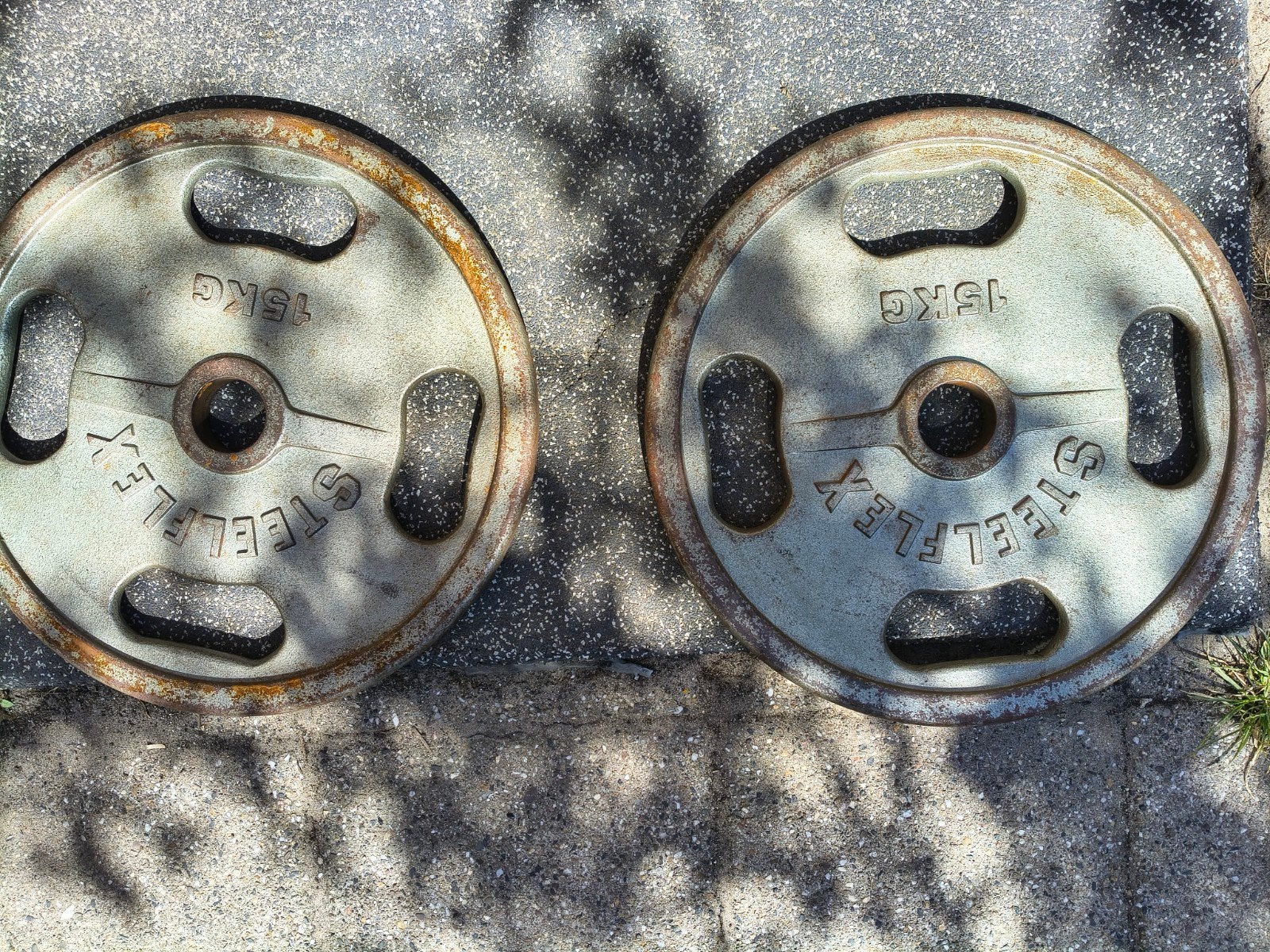 Gietijzeren halterschijven 15kg 50mm per set van 2, Sport en Fitness, Ophalen, Gebruikt, Halterschijven