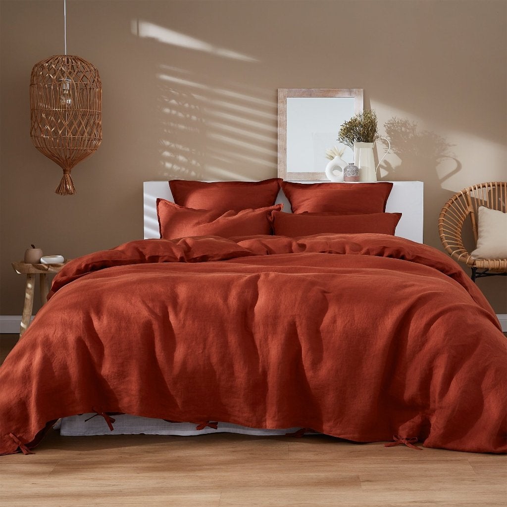 100% linnen dekbedovertrek 240x220 met slopen Dark Terra, Bruin, Ophalen of Verzenden, Ademend, Linnen
