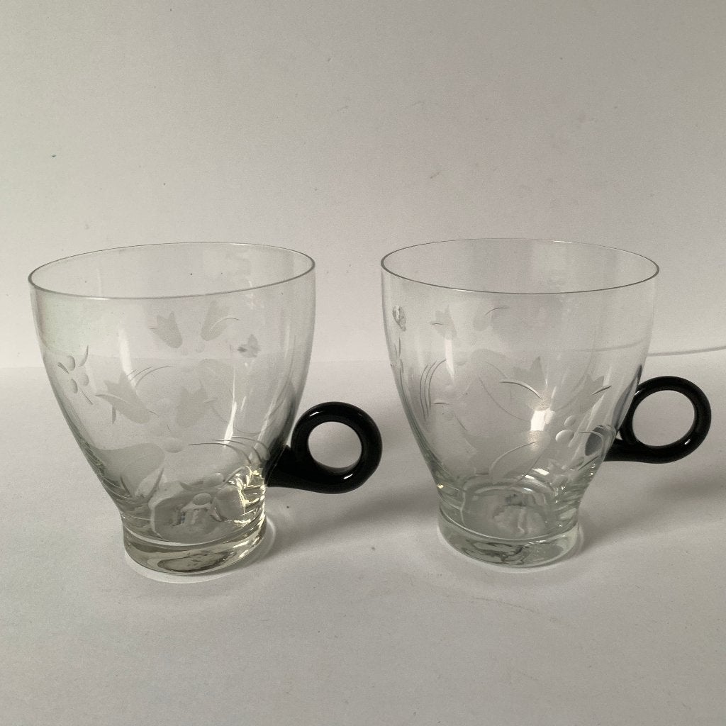 3 Vintage glazen theekopjes met zwarte oren, Ophalen of Verzenden