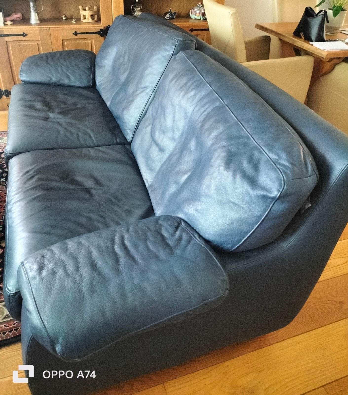 blauwe 3 persoons leren bank., Ophalen, Gebruikt, Minder dan 75 cm, 150 tot 200 cm