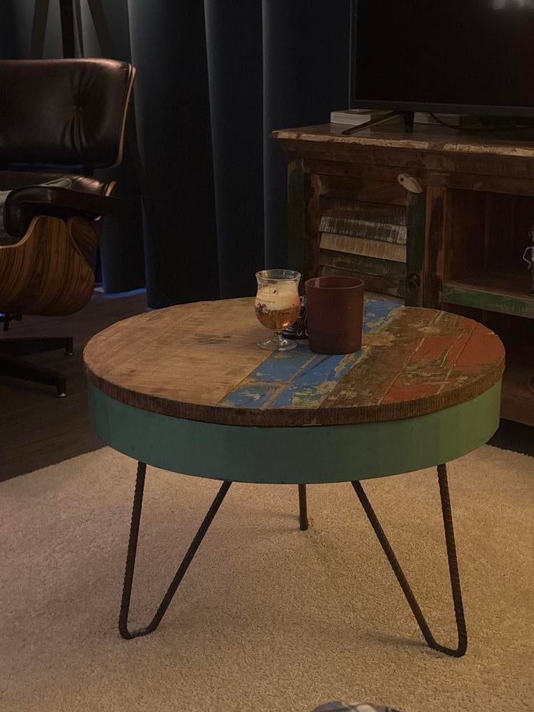 industriële salontafel afkomstig van loods 5, Ophalen, Gebruikt, 50 tot 100 cm, Rond