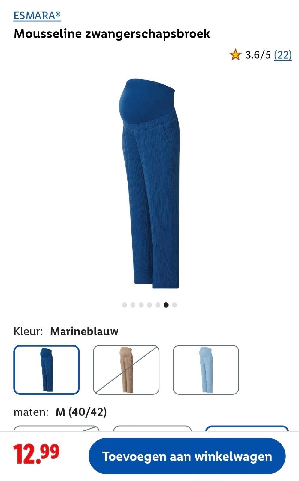 Esmara Lidl Mousseline Zwangerschapsbroek Marineblauw Maat M, Maat 38/40 (M), Blauw, Nieuw, Broek of Spijkerbroek