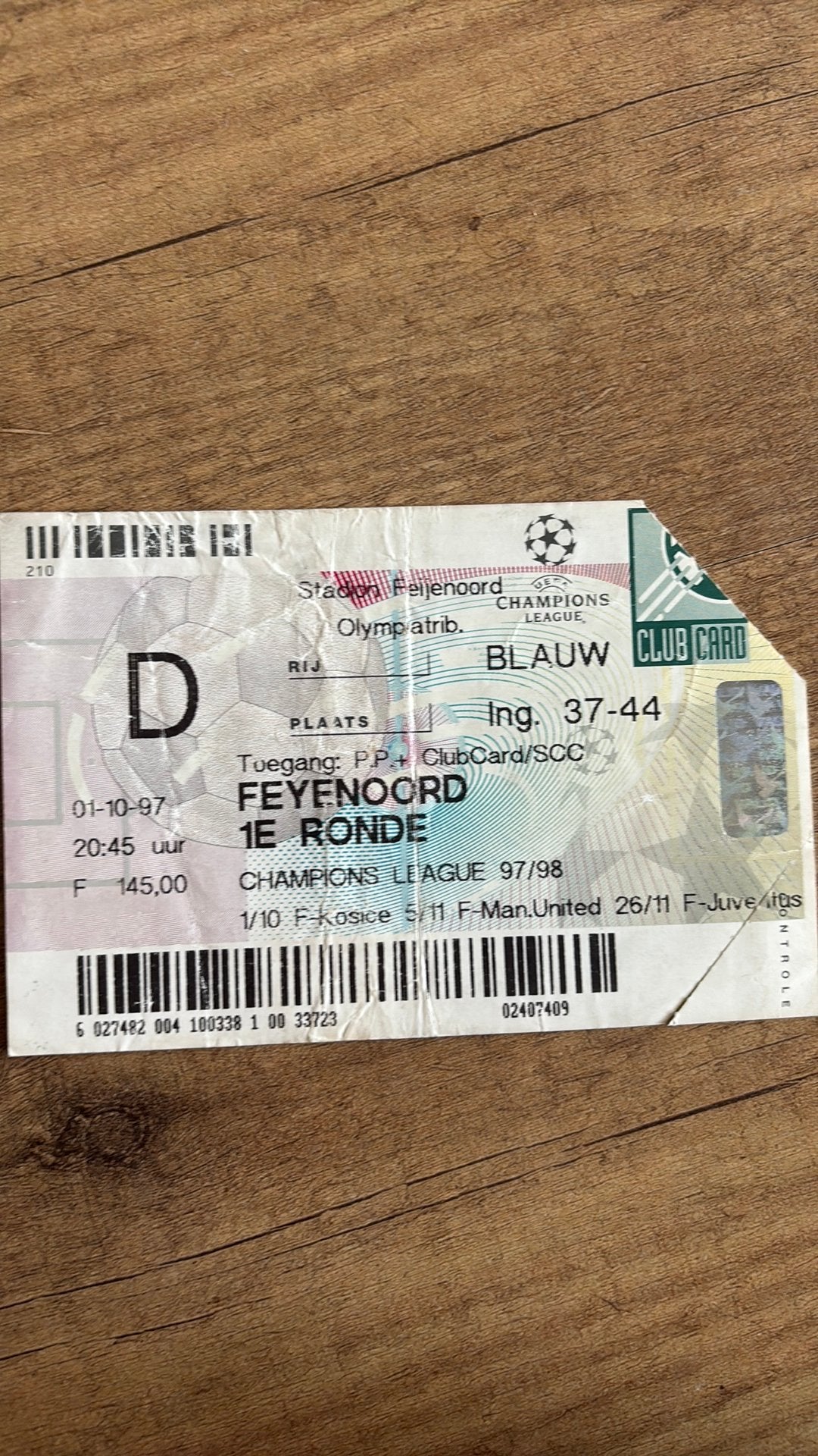 Oud stadionticket feyenoord 1997, Ophalen of Verzenden, Zo goed als nieuw, Feyenoord