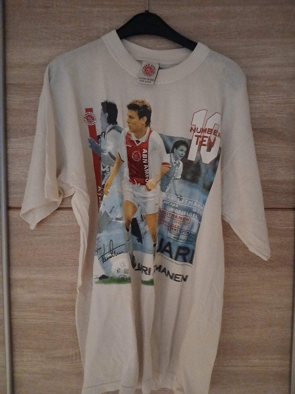 Vintage Jari Litmanen Ajax T-shirt - Nummer 10 mt L, Ophalen, Zo goed als nieuw, Wit