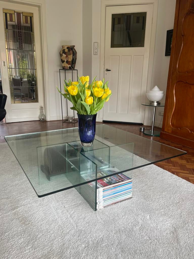 Glazen vierkante salontafel 110/110 cm 35 cm hoog, Huis en Inrichting, Ophalen, Gebruikt, Vierkant, Glas