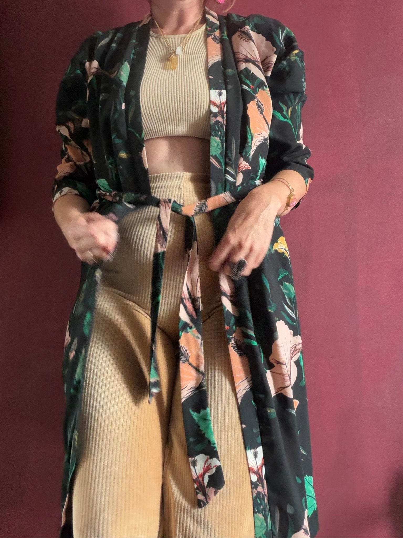 Boho Zwarte & Groene Bloemen Kimono Robe Maat 40, Kleding | Dames, ONLY, Ophalen of Verzenden, Zo goed als nieuw
